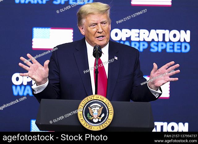 United States President Donald J. Trump speaks during an Operation Warp Speed Vaccine Summit in the South Court Auditorium of the of the Eisenhower Executive...