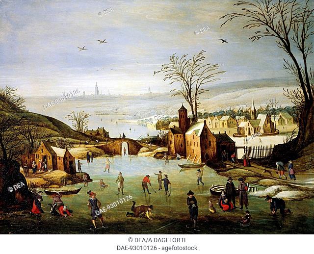 The Frozen Lake, landscape 1600-1620, Flemish painting, 17th century.  Copenhagen, Rosenborg Slot (Castle), Danske Kongers Kronologiske Samling (Art Museum)