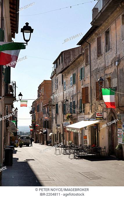 Corso Garibaldi with empty street restaurant and Italian flags, Ariccia, Lazio, Italy, Europe