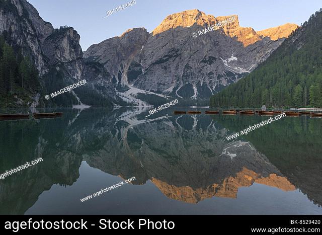Lake Braies at sunrise, Lake Braies, Dolomites, Alto Adige, Italy, Europe