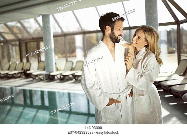 Portrait of attractive cheerful couple in spa center