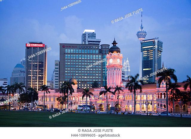 Malaysia, Asia, Kuala Lumpur, town, city, Merdeka place, Skyline, park, flowers, violet, blocks of flats, high-rise buildings, tower, rook, Abdul Samad