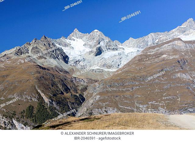 Mountains Wellenkuppe, Zinalrothorn and Weisshorn, north of Mt Matterhorn, from Sunnegga, Zermatt, Canton Valais, Switzerland, Europe, PublicGround