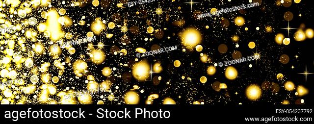 Christmas. Background. Golden Falling snowflakes and stars on a black background. Christmas background