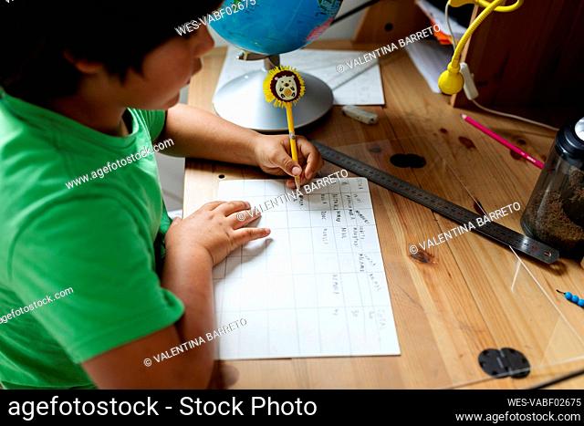 Boy doing his homework, sitting at desk