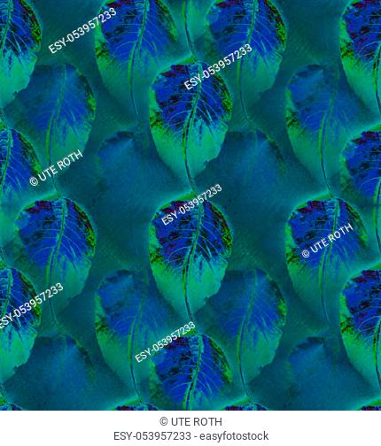 Seamless multicolored background. Abstract regular beech leaves in dark blue, purple, turquoise, green and blue gray shades vertically