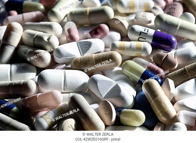 Close up of pile of assorted pills