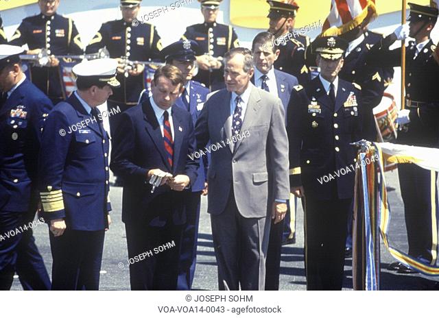 President Bush and military personnel during the Desert Storm Victory Parade in Washington, D.C. 1991