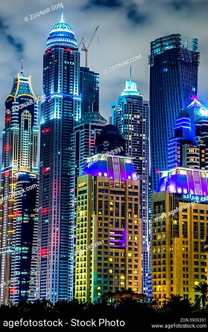 DUBAI, UAE - NOVEMBER 13: Modern buildings in Dubai Marina, Dubai, UAE. In the city of artificial channel length of 3 kilometers along the Persian Gulf