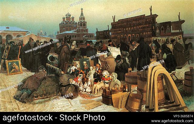 Sorokin Evgraf Semjonovitsj - De Vlooienmarkt - Russian School - 19th Century