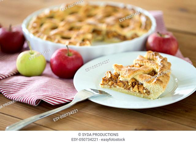 close up of apple pie and fork on plate
