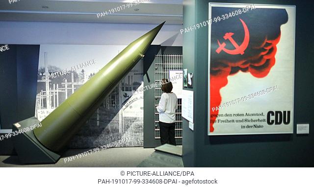 17 October 2019, Saxony, Leipzig: A practice warhead of a Pershing rocket is in an exhibition in the Contemporary History Forum