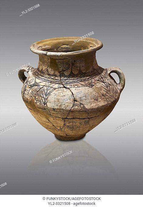 Phrygian two handled amphora vessel decorated with geometric designs. 8th-7th century BC . Çorum Archaeological Museum, Corum, Turkey