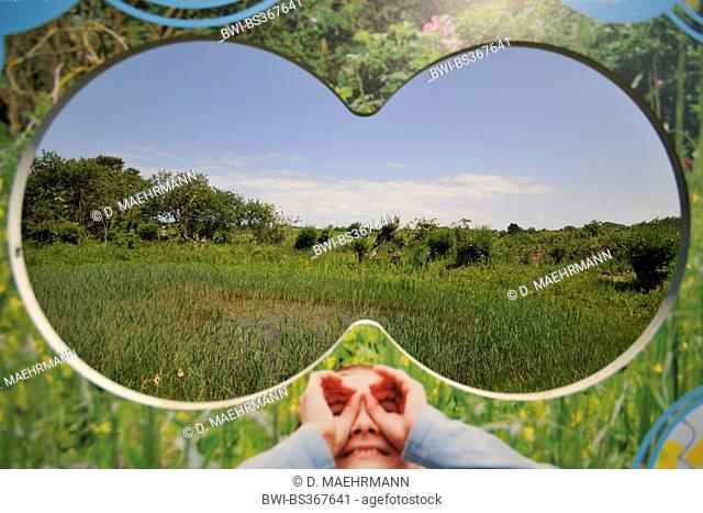 view through an information sign in shape of field glasses to polder landscape, Netherlands, Zeeland