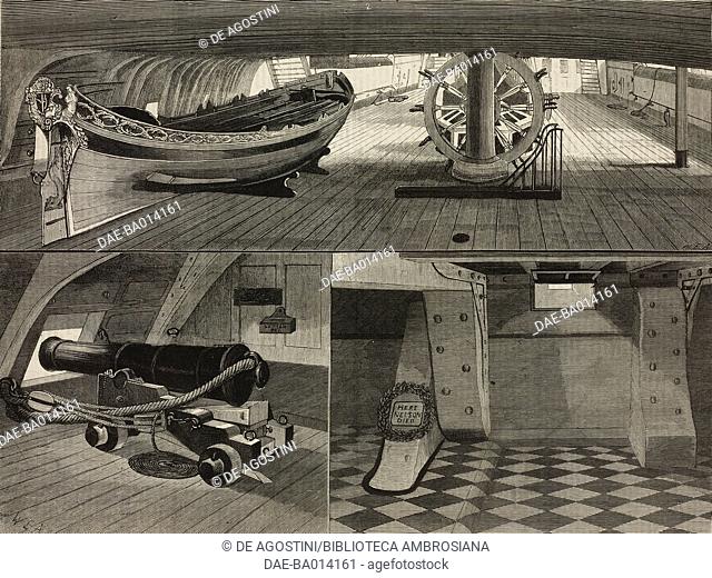1 the State barge of George III, which carried Horatio Nelson's body to Somerset House, 2 one of the main deck guns, 3 the cockpit where Nelson died