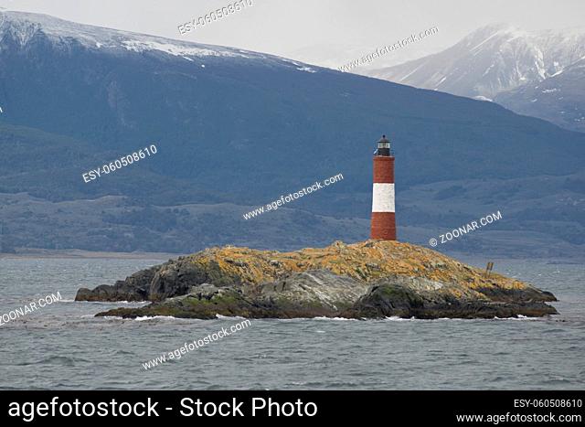 Lighthouse Les Eclaireurs on an islet in the Beagle Channel, near Ushuaia in the Tierra del Fuego