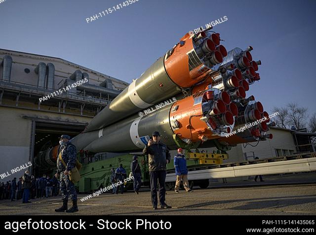 The Soyuz rocket is rolled out by train to the launch pad at Site 31, Tuesday, April 6, 2021, at the Baikonur Cosmodrome in Kazakhstan