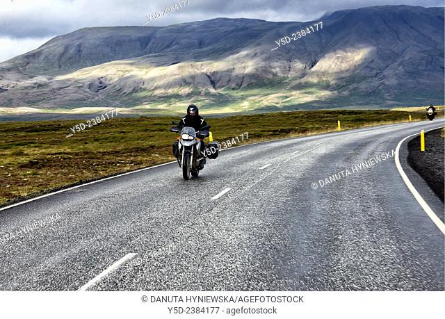 Europe, Iceland , Southwestern Iceland, motorcyclists riding Road number 360 from Nesjavellir to Thingvellir