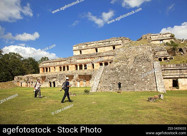 Tourists in front of the Palacio Norte-North Palace of the Mayas in Sayil Archaeological Site, Merida, Puuc Route, Yucatan State, Mexico, Central America