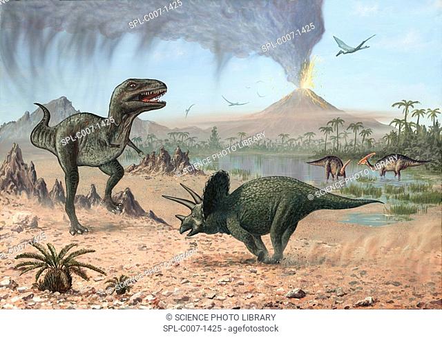 Late Cretaceous life. Artwork of a number of different prehistoric creatures that existed during the Late Cretaceous period between 99 and 65 million years ago