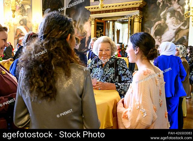 Princess Beatrix of The Netherlands at Palace Huis ten Bosch in The Hague, on September 20, 2023, to receive the craftsmen who helped embroider the new curtains...