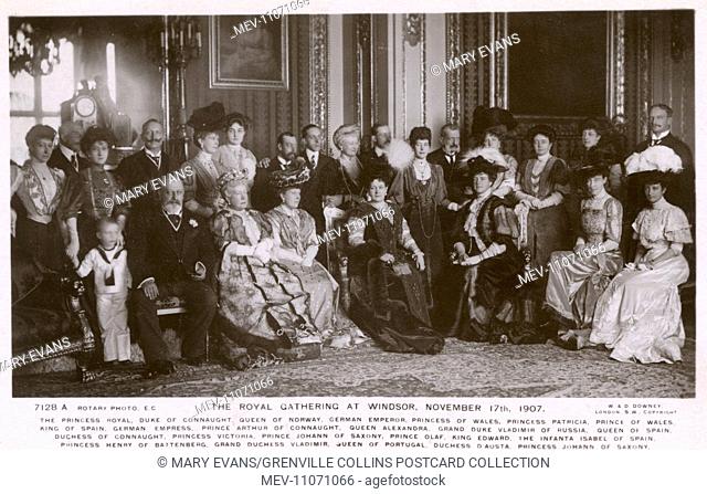 Royal Gathering at Windsor - European Royalty - November 17th 1907. This card features the following: The Princess Royal, Duke of Connaught, The Queen of Norway