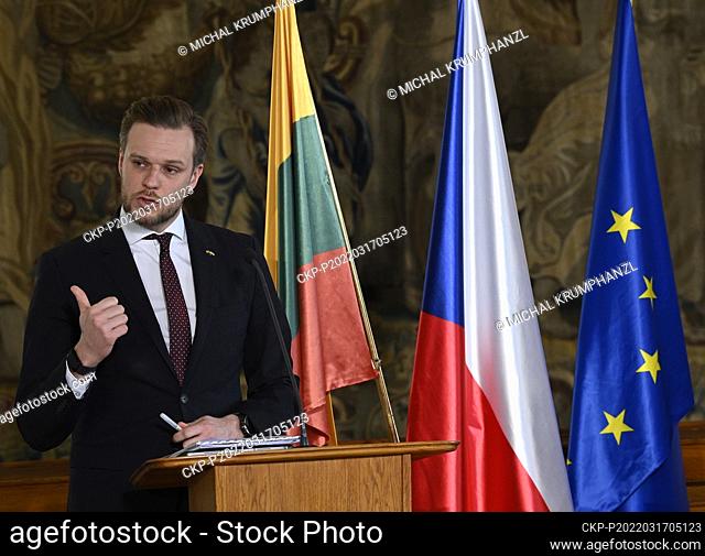 Lithuanian Foreign Affairs Minister Gabrielius Landsbergis speaks during the press conference after his meeting with Czech counterpart Jan Lipavsky on conflict...