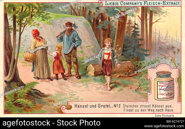 Serie Märchen Hänsel und Gretel, Steinchen streuet Hänsel aus, findet so den Weg nach Haus, digital verbesserte Reproduktion eines Sammelbildes von ca 1900