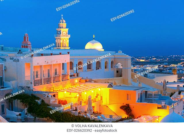 St. Gerasimos Christian Church of Fira, modern capital of the Greek Aegean island, Santorini, during twilight blue hour, Greece