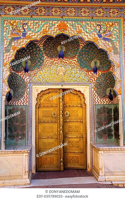 Peacock Gate in Pitam Niwas Chowk, Jaipur City Palace, Rajasthan, India. Palace was the seat of the Maharaja of Jaipur, the head of the Kachwaha Rajput clan