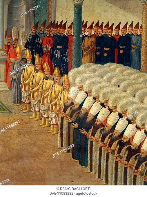 The guard of Janissaries, detail from the Reception at the Court of Selim III at the Topkapi Palace, gouache on paper. Detail. Turkey, 18th century