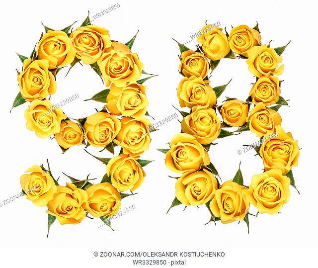 Arabic numeral 98, ninety eight, from yellow flowers of rose, isolated on white background