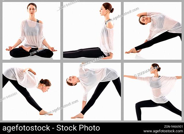 Collage of young woman practicing yoga exercise in white room