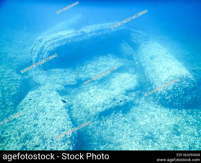 underwater archeology: Roman columns submerged in the Sicilian sea