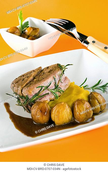 Braised mignon of veal with rosemary, purée of potimarron and chestnuts - Dietetic menu