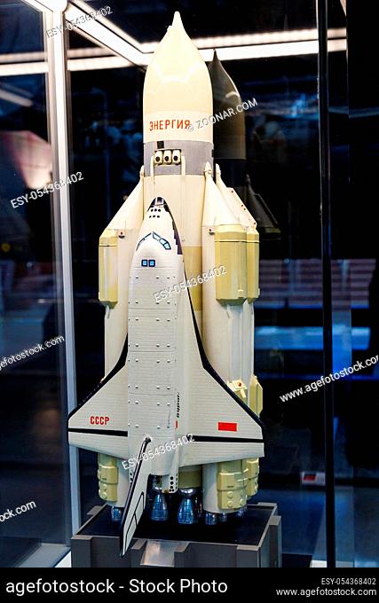 Moscow, Russia - November 28, 2018: IA model of the Soviet USSR version of the space shuttle named as Buran, the first spaceplane of the Soviet Russian space...