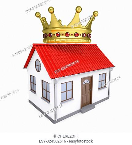 A small house with a crown. Isolated render on a white background