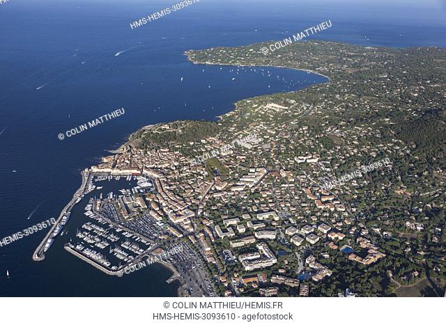 France, Var, Gulf of Saint Tropez, Presqu'île de Saint Tropez, Saint Tropez village and its port (aerial view)