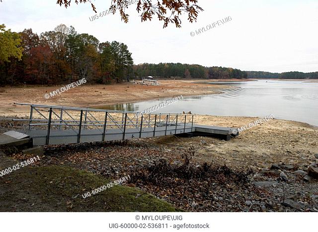 Beached dock and boathouse, Lake Sidney Lanier during the worst drought in Georgia history