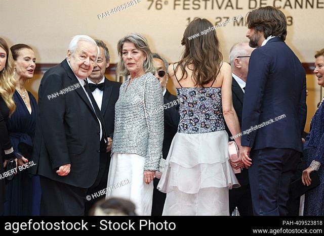 Charlotte Casiraghi, Dimitri Rassam, Caroline de Monaco, Paul Rassam and Carole Bouquet attend the 'Killers of the Flower Moon' premiere during the 76th Cannes...