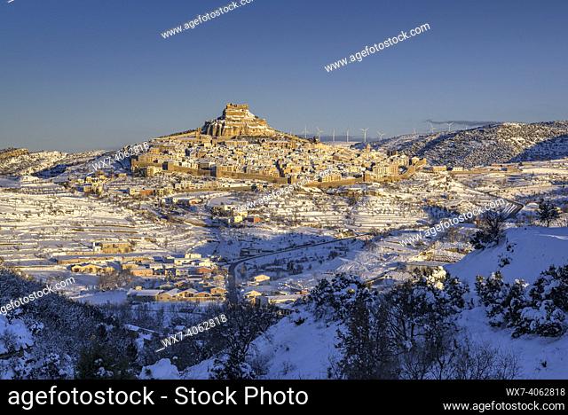 Morella medieval city in a winter sunrise, after a snowfall (Castellón province, Valencian Community, Spain)