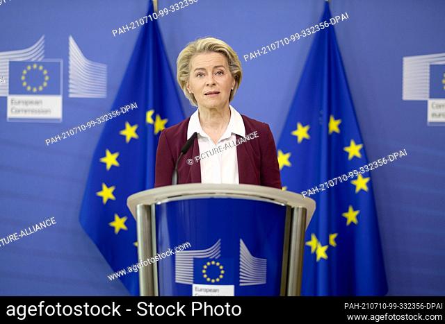 10 July 2021, Belgium, Brüssel: 10.07.2021, Belgium, Brussels: President of the European Commission, Ursula von der Leyen speaks to media during a virtual press...
