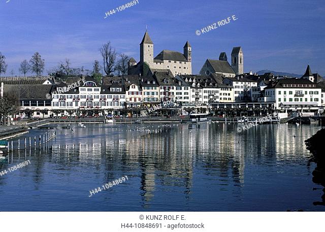 Switzerland, Europe, Rapperswil, Lake Zurich, canton St. Gallen, old town, lake, water, reflections, hotels, castle, c