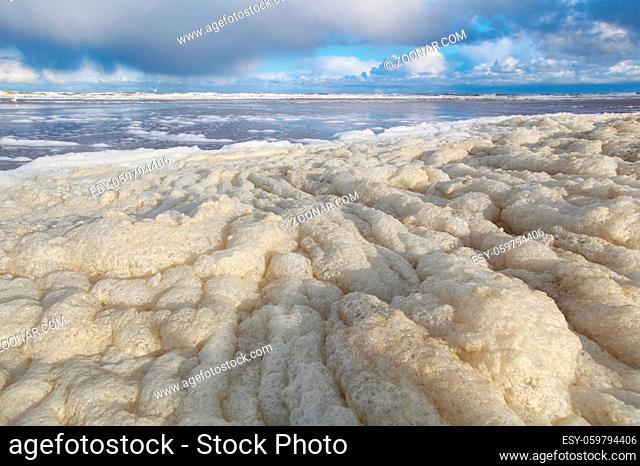 surf foam on beach after storm at North sea, Holland