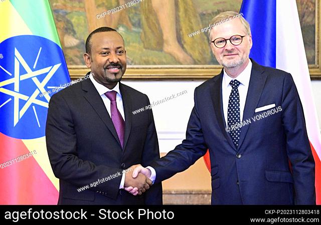 Prime Minister Petr Fiala (ODS), right, receives Prime Minister of Ethiopia Abiy Ahmed in Czech Government Office, Prague, Czech Republic, on November 28, 2023