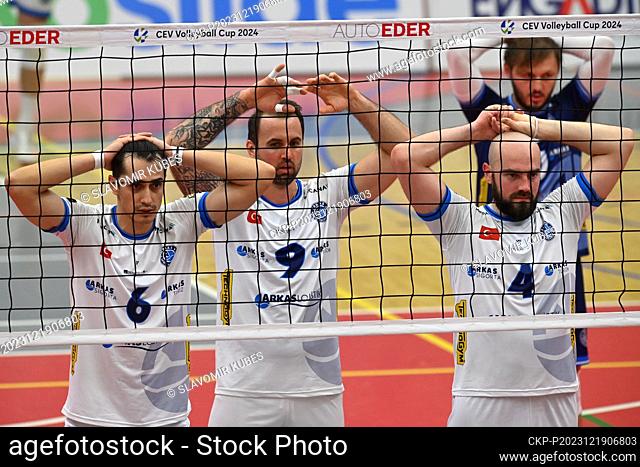 L-R Ertugrul Gazi Metin, Gyorgy Grozer and Nicholas Hoag (Arkas) in action during the men's CEV Volleyball Cup the eighth finals return match VK CEZ Karlovarsko...