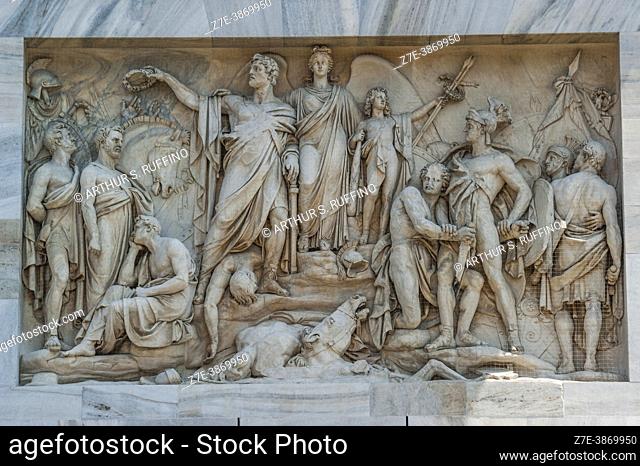 Detail of a bas-relief on the Arco della Pace/Porta Sempione (Arch of Peace). Corso Sempione. Milan, Metropolitan City of Milan, Lombardy, Italy, Europe