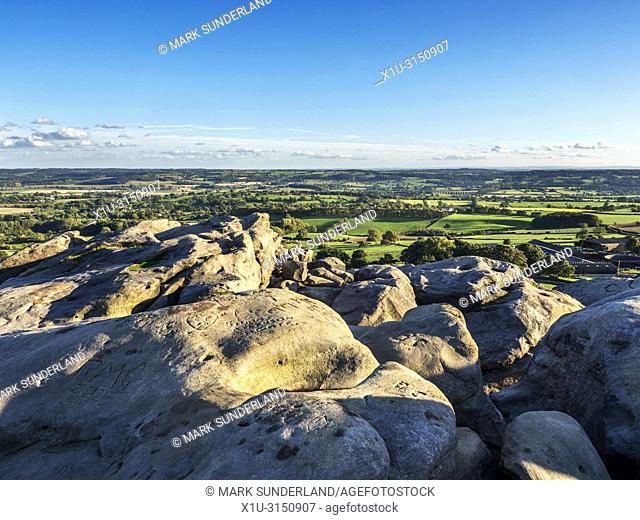 Lower Wharfe Valley from Almscliff Crag millstone grit outcrop near Harrogate North Yorkshire England
