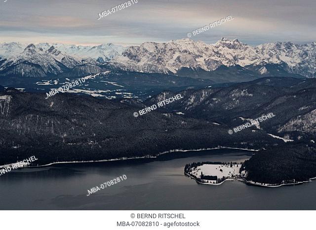 View from the Herzogstand to the Lake Walchen (Walchensee) with Karwendel in winter, Bavarian Prealps, Bavaria, Germany