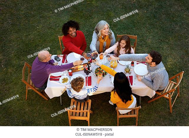 Overhead view of multi generation family dining outdoors, making a toast smiling